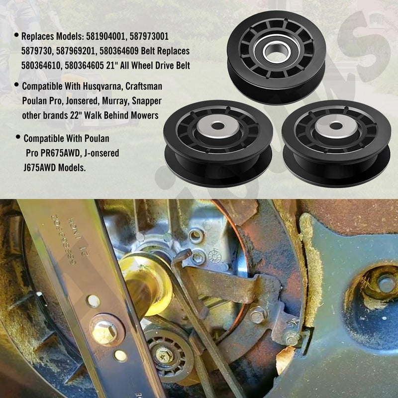 Haiouus (2) 587973001 (1) 587969201 Pulleys - 580364609 Belt & Pulleys Kit Compatible With Husqvarna A-WD Belt Repair kit, for Husqvarna L 321AHX, L 321AH, Pulleys replaces 580364603 (Pulleys Belt Kit) - Image 2